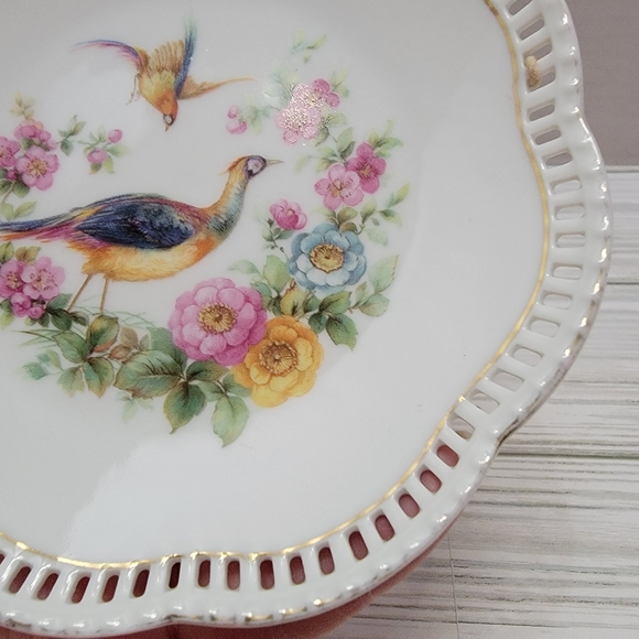 Bavaria Schumann Arzberg Germany Reticulated Plate Pheasants Pink Roses 5 1/2" - Picture 4 of 14
